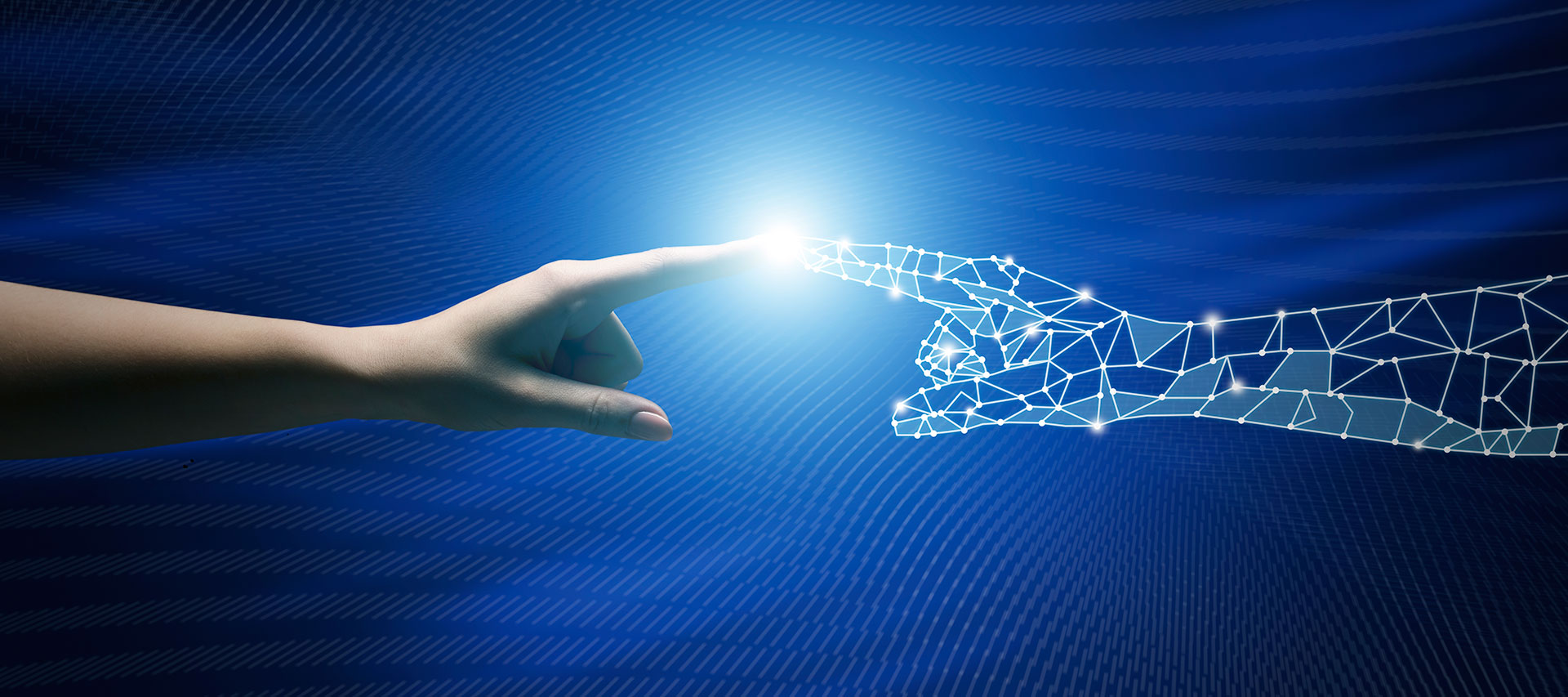 A human finger and a digitized finger reaching out to touch one another.
