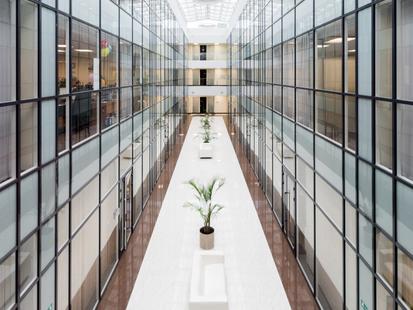 glass hallway corporate building