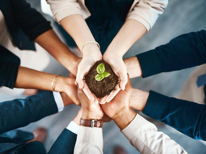 several hands holding a cup of dirt with a plant