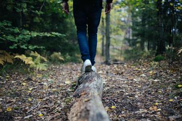 feet balancing on log in the woods