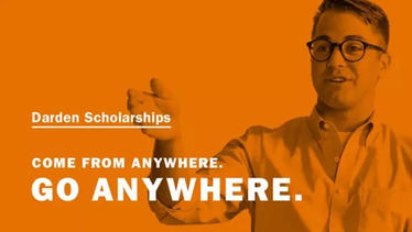 Man gesturing against orange scholarship ad