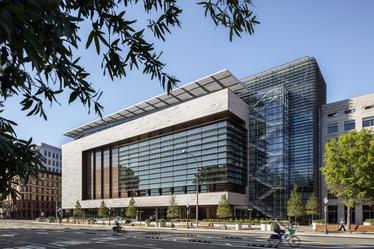Glass and steel facade of the Bloomberg Center builiding