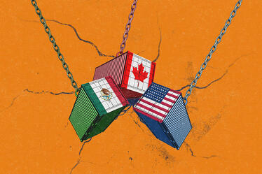 shipping crates with country flags