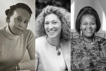 Black and white portraits of three influential women in business, representing leadership and history at the Darden School of Business
