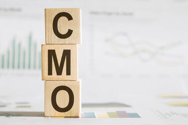 Wooden blocks stacked with the letters CMO in front of marketing charts